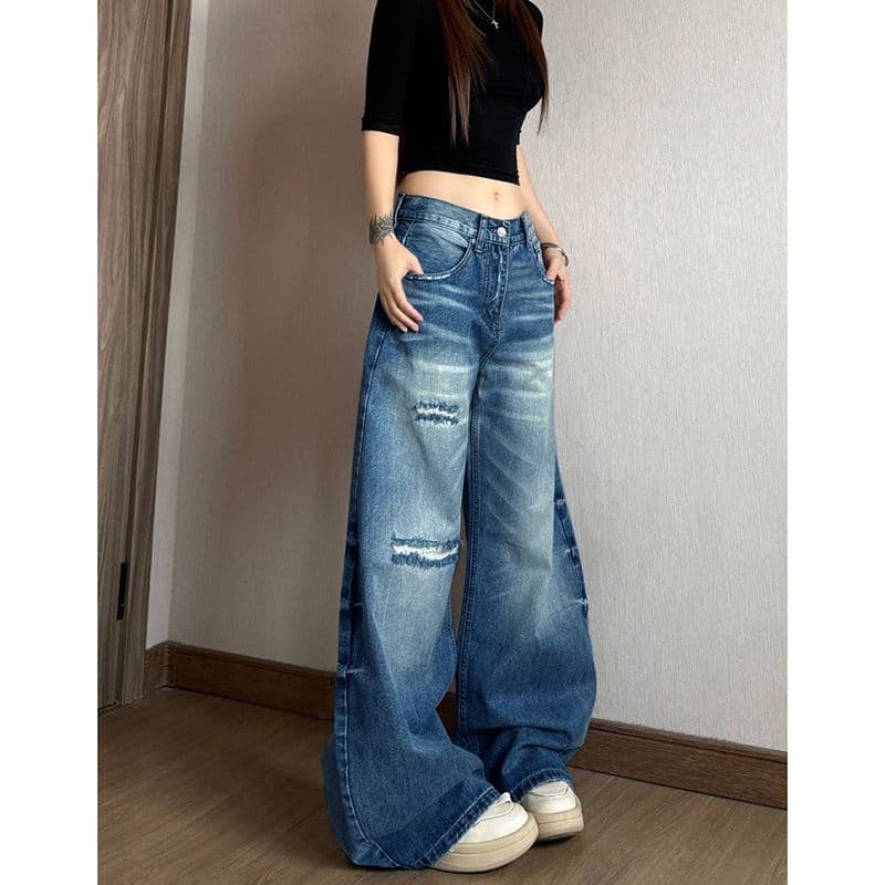 웃음 하 아메리칸 개성 스트레이트 청바지 여성 봄 가을 새로운 학원 스타일 루즈핏 패션 바닥 청소 데님 바지 이미지 4