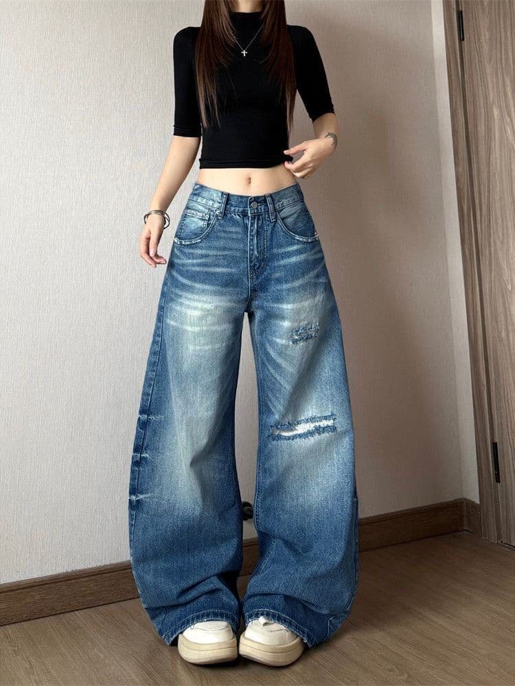 웃음 하 아메리칸 개성 스트레이트 청바지 여성 봄 가을 새로운 학원 스타일 루즈핏 패션 바닥 청소 데님 바지 상세 이미지 3