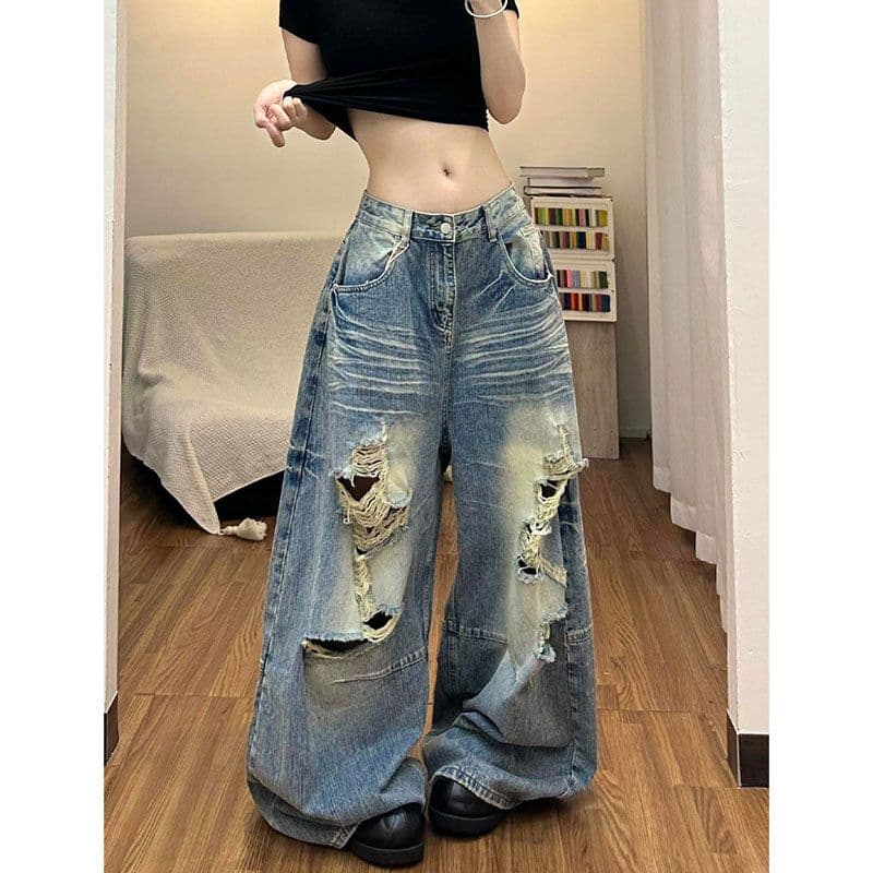 하라주쿠 스타일 ins 트렌디 찢어진 부분 모통이 칼 넓은 다리 청바지 여성 봄 가을 새로운 루즈핏 넓은 다리 바닥 청소 청바지 이미지 2