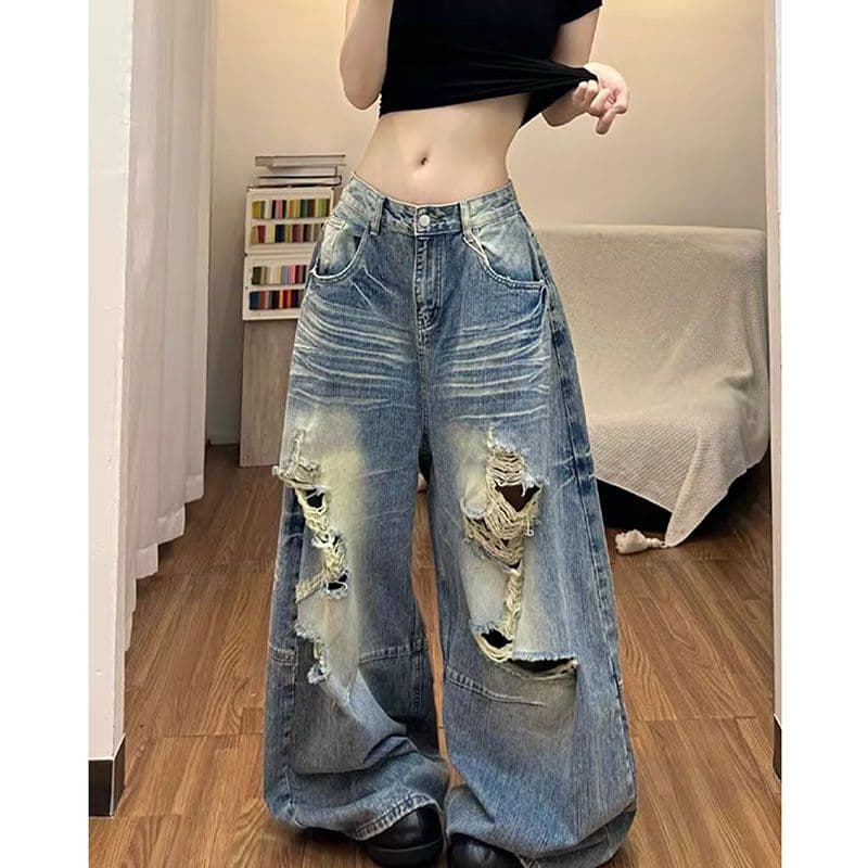 하라주쿠 스타일 ins 트렌디 찢어진 부분 모통이 칼 넓은 다리 청바지 여성 봄 가을 새로운 루즈핏 넓은 다리 바닥 청소 청바지