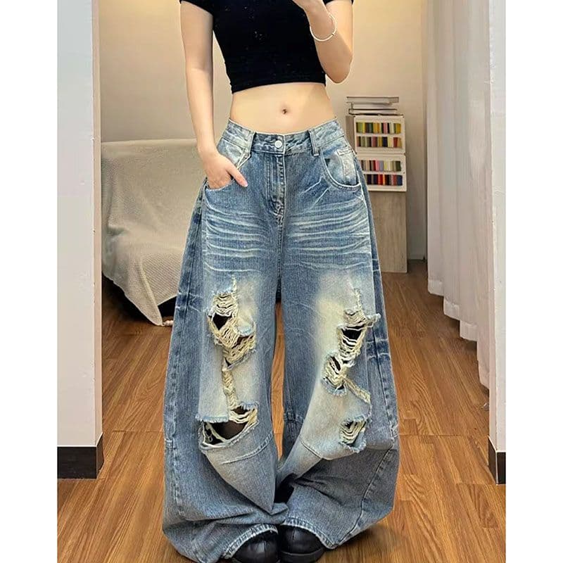 하라주쿠 스타일 ins 트렌디 찢어진 부분 모통이 칼 넓은 다리 청바지 여성 봄 가을 새로운 루즈핏 넓은 다리 바닥 청소 청바지 이미지 3