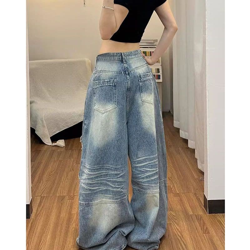 하라주쿠 스타일 ins 트렌디 찢어진 부분 모통이 칼 넓은 다리 청바지 여성 봄 가을 새로운 루즈핏 넓은 다리 바닥 청소 청바지 이미지 4