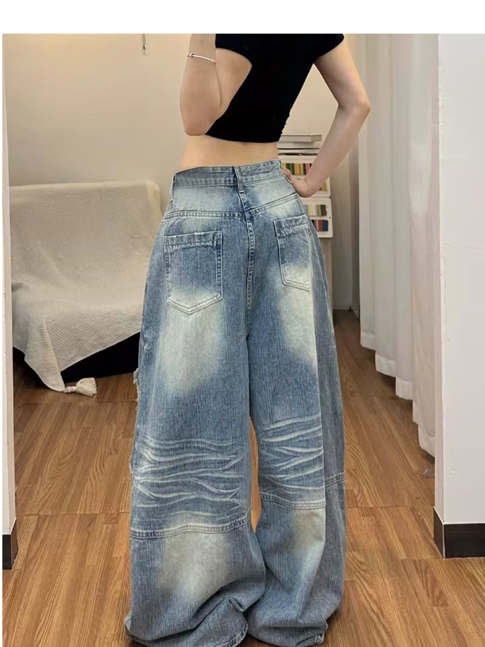 하라주쿠 스타일 ins 트렌디 찢어진 부분 모통이 칼 넓은 다리 청바지 여성 봄 가을 새로운 루즈핏 넓은 다리 바닥 청소 청바지 상세 이미지 5