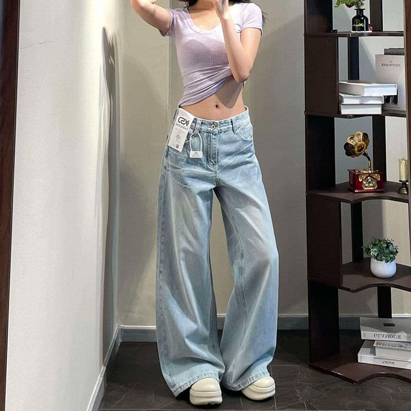 하라주쿠 스타일 느긋한 바람 스트레이트 청바지 여성 봄 가을 새로운 하이웨이스트 루즈핏 도루 센스 패션 스트레이트 청바지 이미지 3