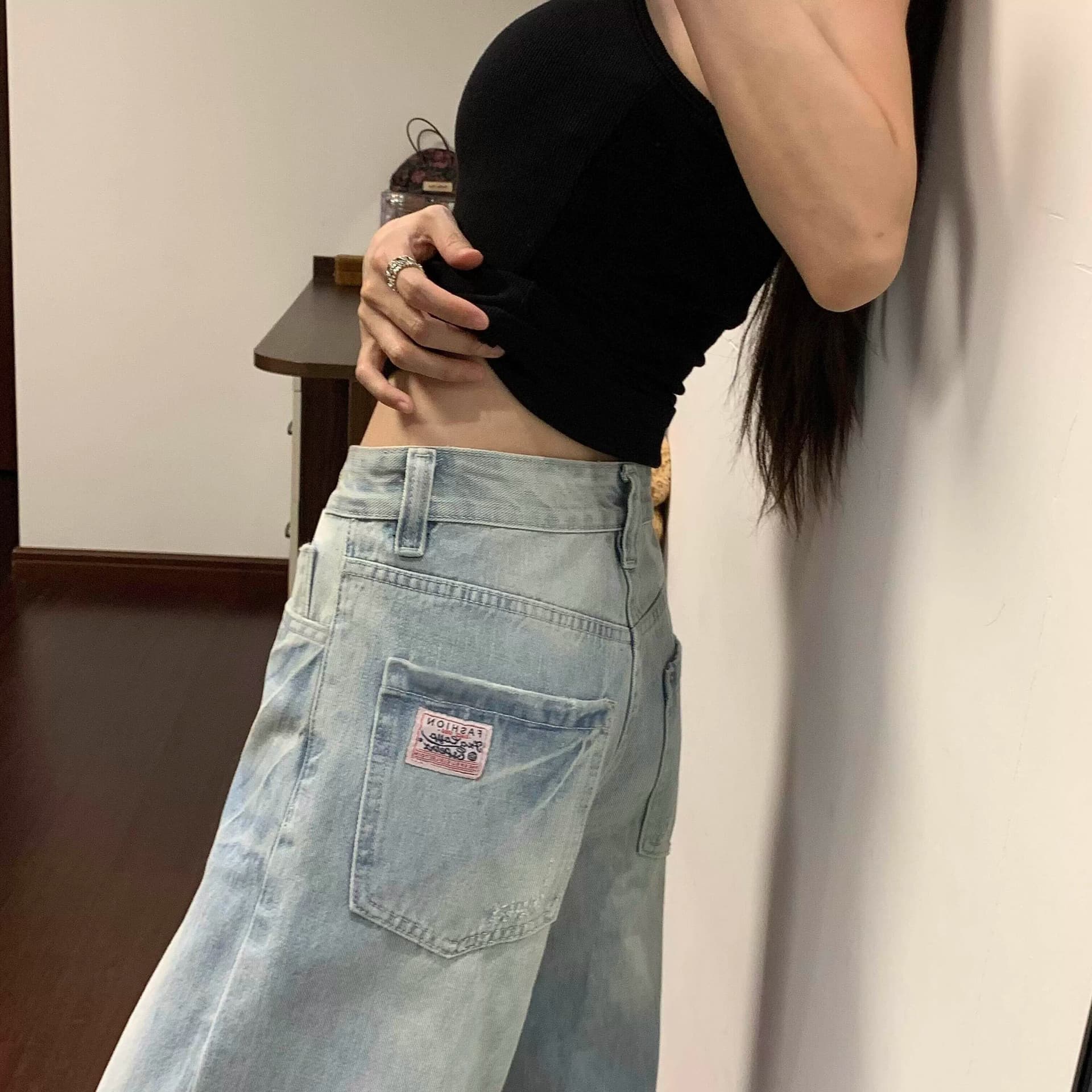 하라주쿠 스타일 느긋한 바람 스트레이트 청바지 여성 봄 가을 새로운 하이웨이스트 루즈핏 도루 센스 패션 스트레이트 청바지 상세 이미지 5