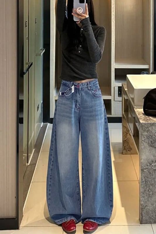 거리 중성 하이웨이스트 넓은 다리 청바지 여성 봄 가을 새로운 루즈핏 캐주얼 패션 바닥 청소 청바지 트렌디 이미지 6