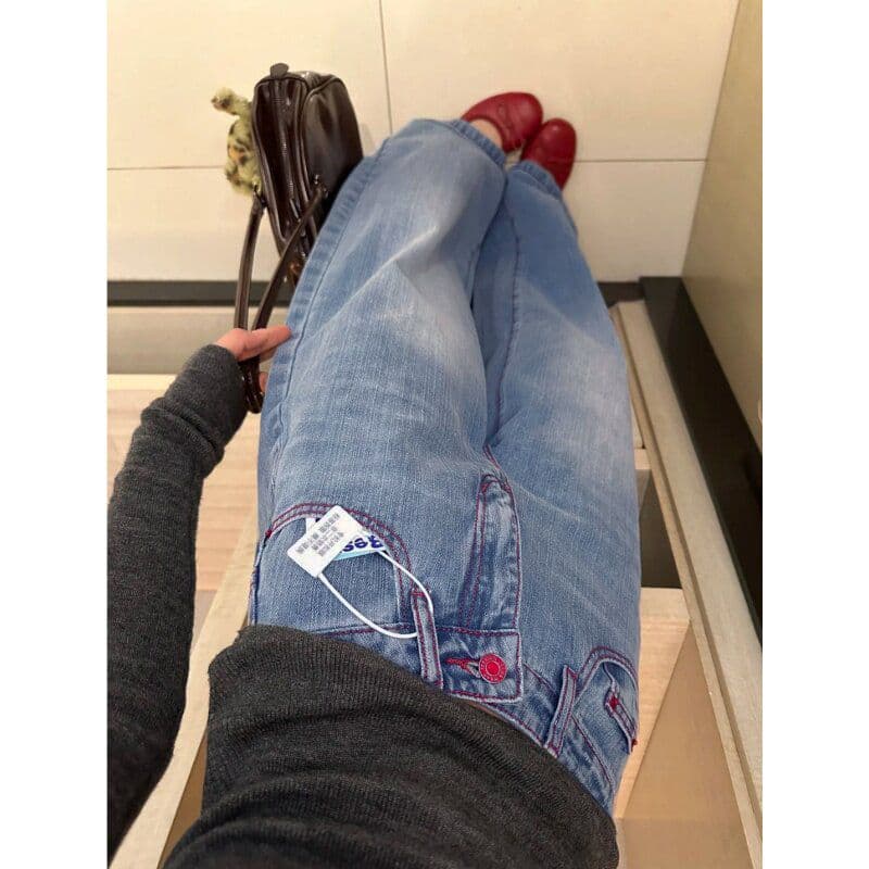 거리 중성 하이웨이스트 넓은 다리 청바지 여성 봄 가을 새로운 루즈핏 캐주얼 패션 바닥 청소 청바지 트렌디 상세 이미지 4