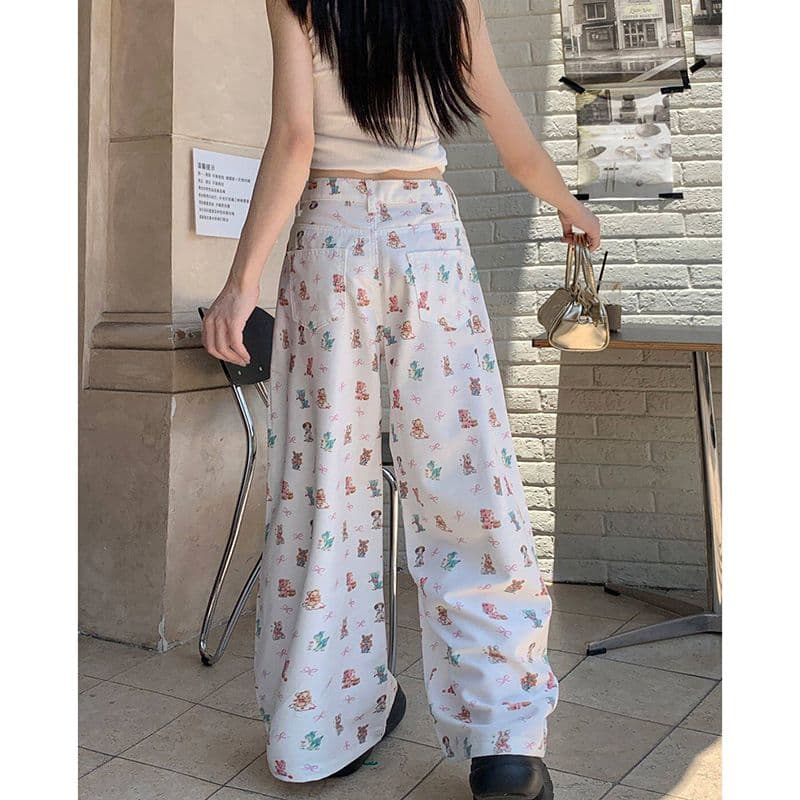 작은 대중 개성 출퇴근 캐주얼 작은 동물 와 나비 매듭 프린트 넓은 다리 청바지 여성 봄 가을 스트레이트 청바지 이미지 4