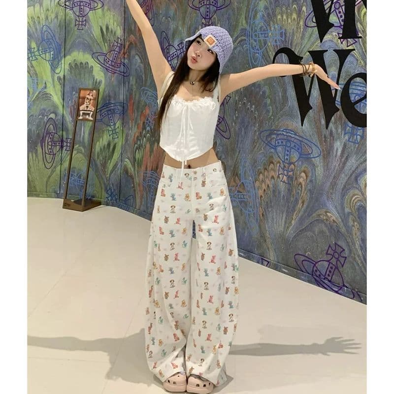 느긋한 바람 출퇴근 캐주얼 작은 동물 와 나비 매듭 프린트 넓은 다리 청바지 여성 봄 가을 스트레이트 청바지 이미지 2
