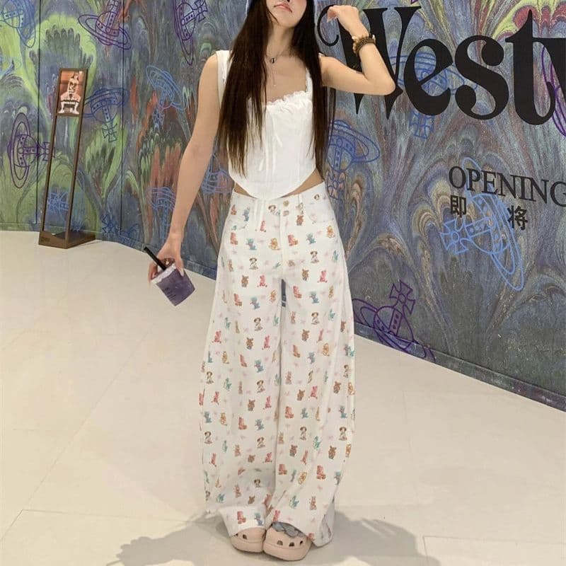 느긋한 바람 출퇴근 캐주얼 작은 동물 와 나비 매듭 프린트 넓은 다리 청바지 여성 봄 가을 스트레이트 청바지