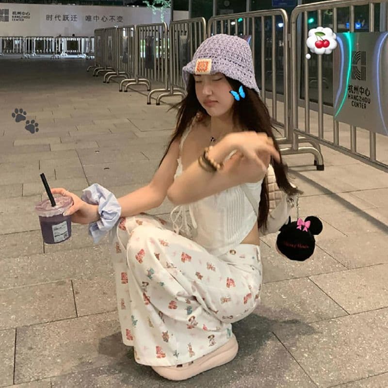느긋한 바람 출퇴근 캐주얼 작은 동물 와 나비 매듭 프린트 넓은 다리 청바지 여성 봄 가을 스트레이트 청바지 이미지 5