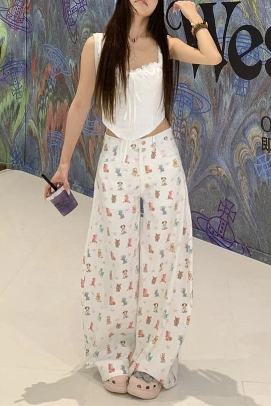 느긋한 바람 출퇴근 캐주얼 작은 동물 와 나비 매듭 프린트 넓은 다리 청바지 여성 봄 가을 스트레이트 청바지 이미지 6