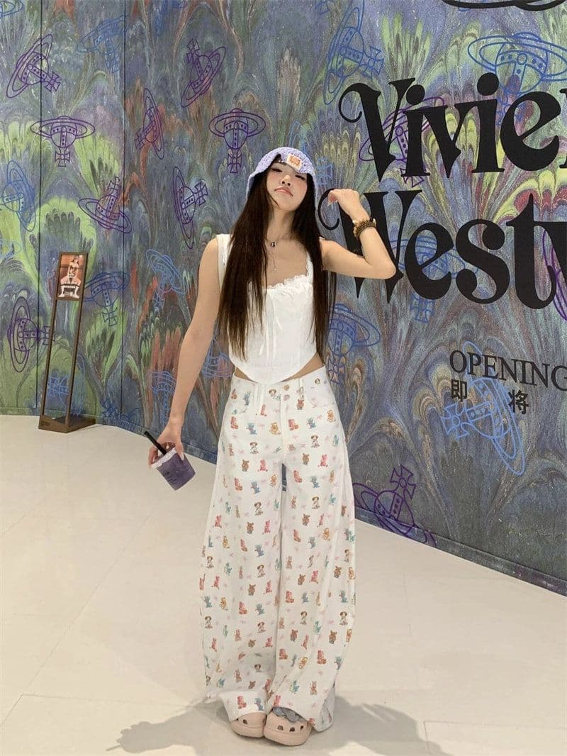 느긋한 바람 출퇴근 캐주얼 작은 동물 와 나비 매듭 프린트 넓은 다리 청바지 여성 봄 가을 스트레이트 청바지 상세 이미지 4