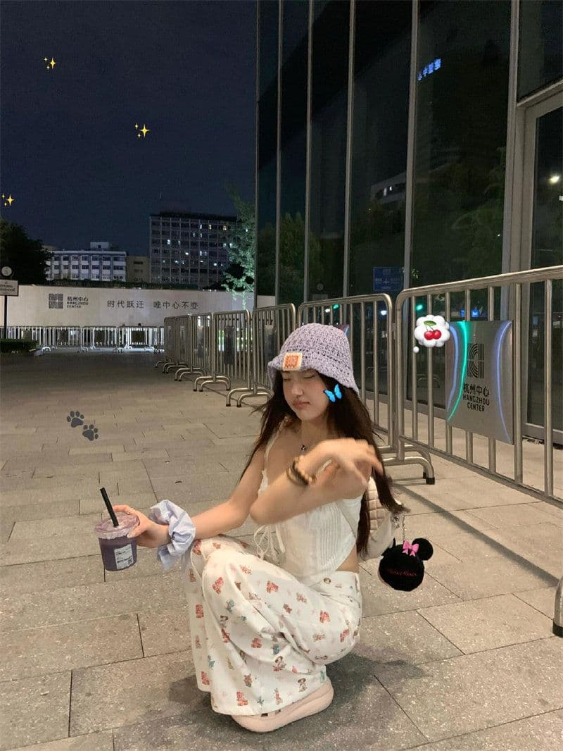 느긋한 바람 출퇴근 캐주얼 작은 동물 와 나비 매듭 프린트 넓은 다리 청바지 여성 봄 가을 스트레이트 청바지 상세 이미지 6
