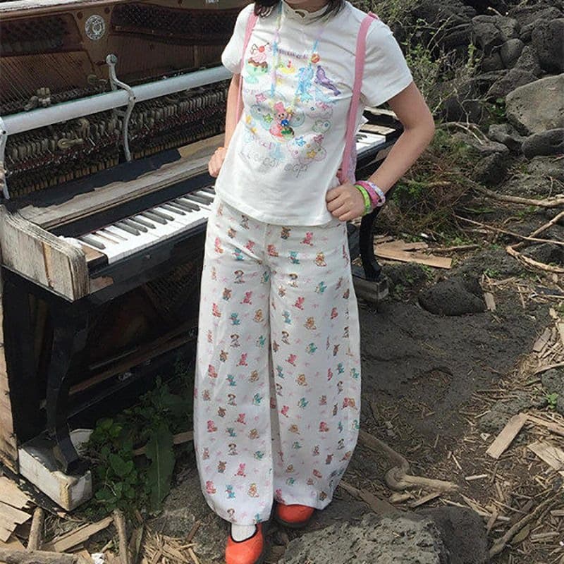 느긋한 바람 출퇴근 캐주얼 작은 동물 와 나비 매듭 프린트 넓은 다리 청바지 여성 봄 가을 스트레이트 청바지