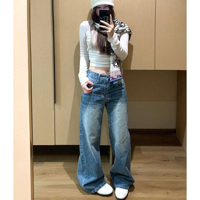 상표 패치 스트레이트 청바지 여성 봄 가을 새로운 달콤한 차가운 루즈핏 패션 스트레이트 바닥 청소 청바지 트렌디 이미지 4