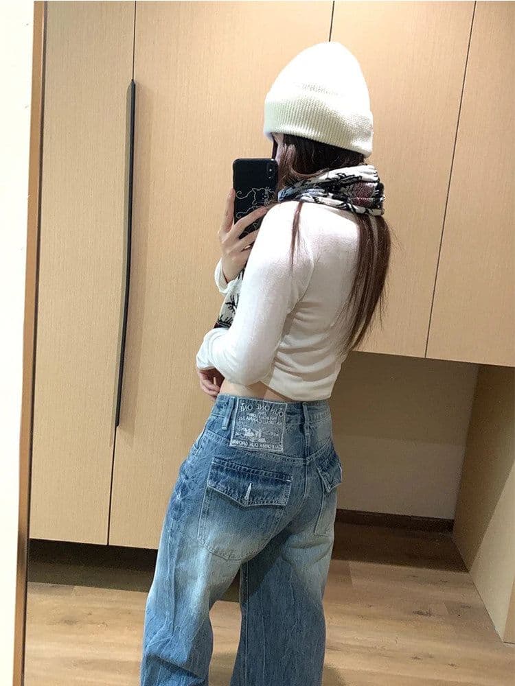 상표 패치 스트레이트 청바지 여성 봄 가을 새로운 달콤한 차가운 루즈핏 패션 스트레이트 바닥 청소 청바지 트렌디 상세 이미지 3