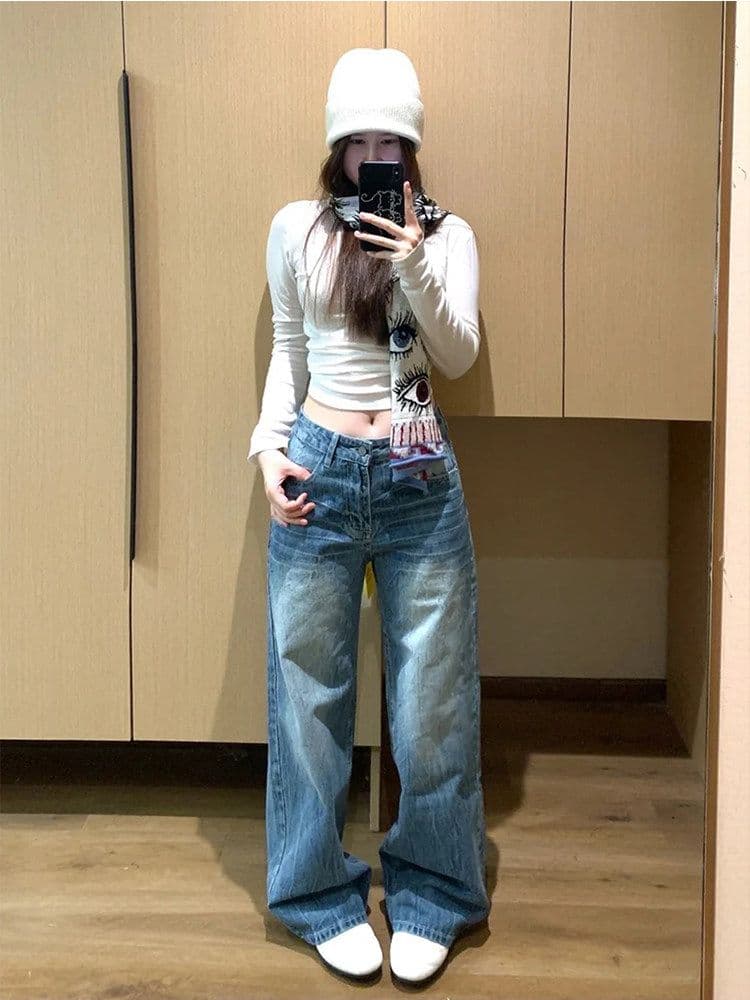 상표 패치 스트레이트 청바지 여성 봄 가을 새로운 달콤한 차가운 루즈핏 패션 스트레이트 바닥 청소 청바지 트렌디 상세 이미지 8