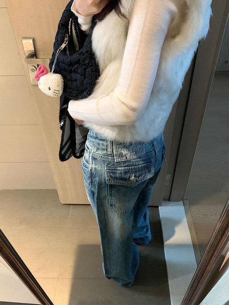 느긋한 바람 개성 중성 상표 패치 스트레이트 청바지 여성 루즈핏 슬림해 보이는 스트레이트 바닥 청소 청바지 트렌디 상세 이미지 4