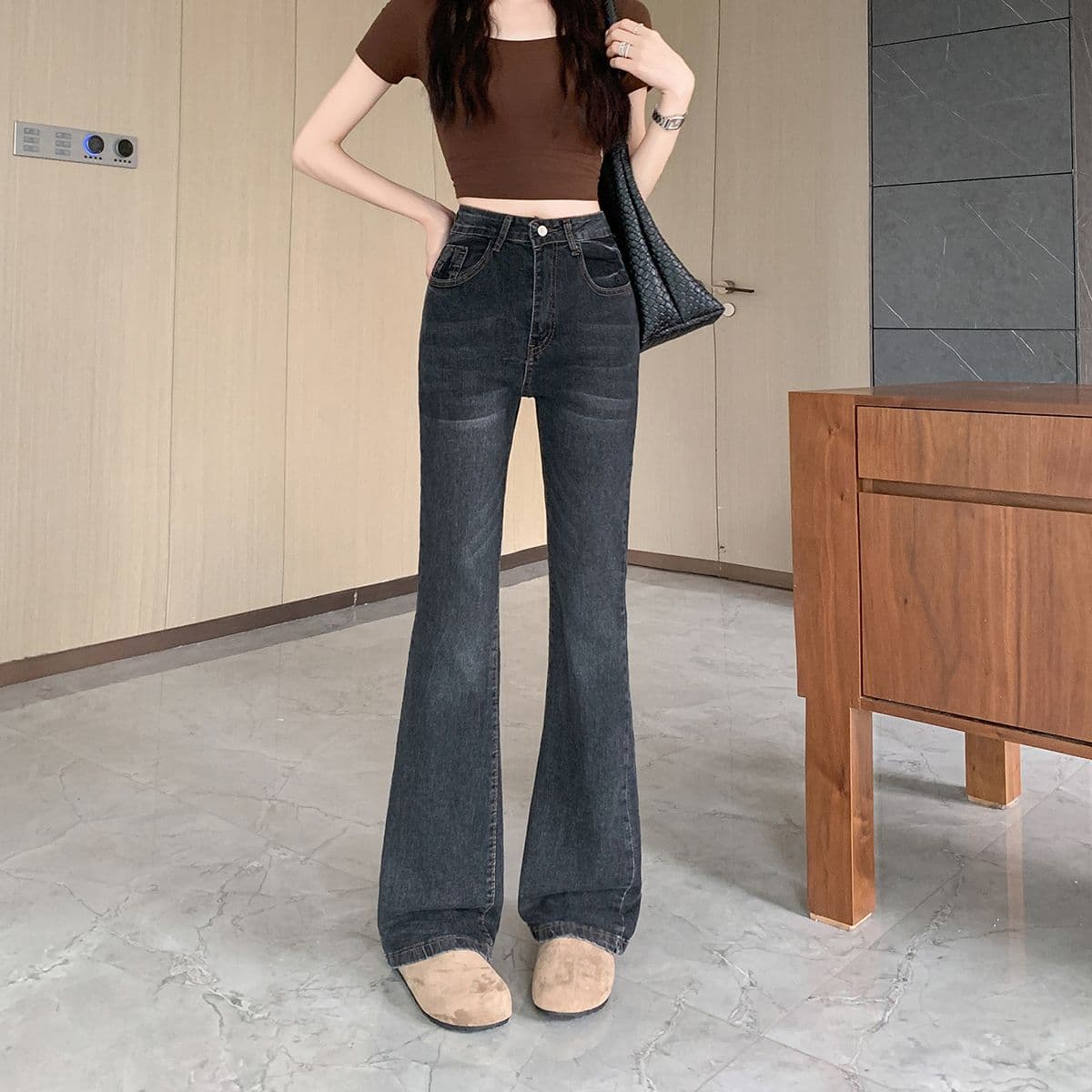 아메리칸 핫걸 레트로 몸매 가꾸기 슬림해 보이는 좁은 에디션 스트레이트 청바지 여성 봄 가을 새로운 디자인 센스 다용도 부츠컷 바지 상세 이미지 2