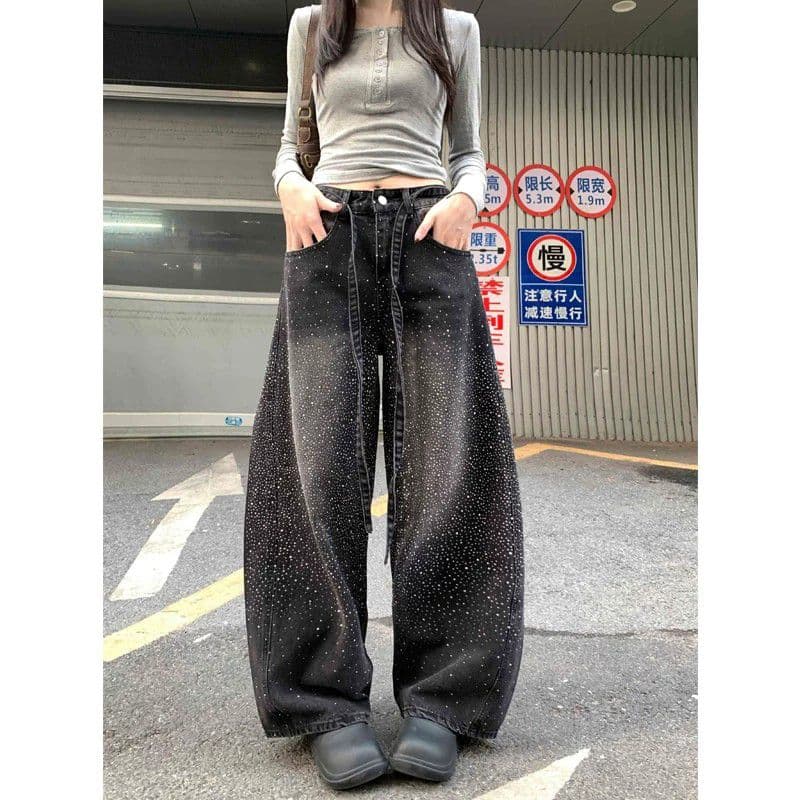 트렌드 거리 한국 스타일 핫픽스 패치워크 청바지 아이들 봄 가을 새로운 루즈핏 슬림해 보이는 바닥 청소 청바지 이미지 5