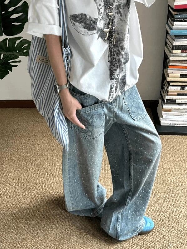 느긋한 바람 작은 대중 웃음 하 디자인 센스 넓은 다리 청바지 여성 봄 가을 새로운 패션 높음 거리 바닥 청소 청바지 상세 이미지 2
