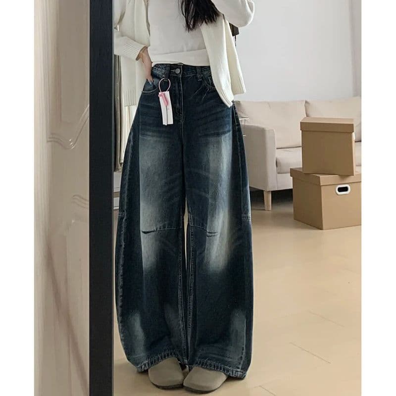 거리 개성 하라주쿠 스타일 넓은 다리 청바지 여성 봄 가을 새로운 ins 트렌디 높음 거리 바닥 청소 청바지 트렌디 이미지 5