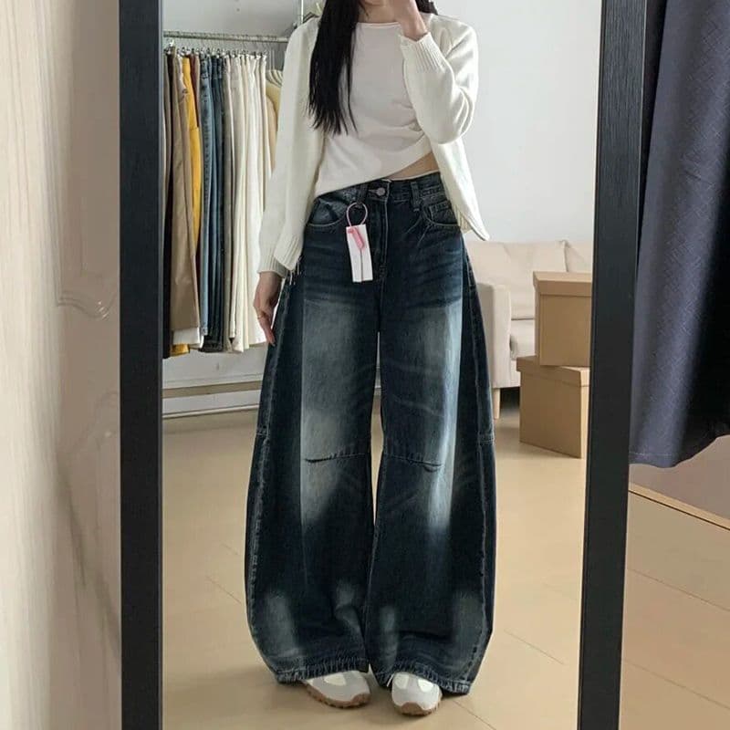 거리 개성 하라주쿠 스타일 넓은 다리 청바지 여성 봄 가을 새로운 ins 트렌디 높음 거리 바닥 청소 청바지 트렌디