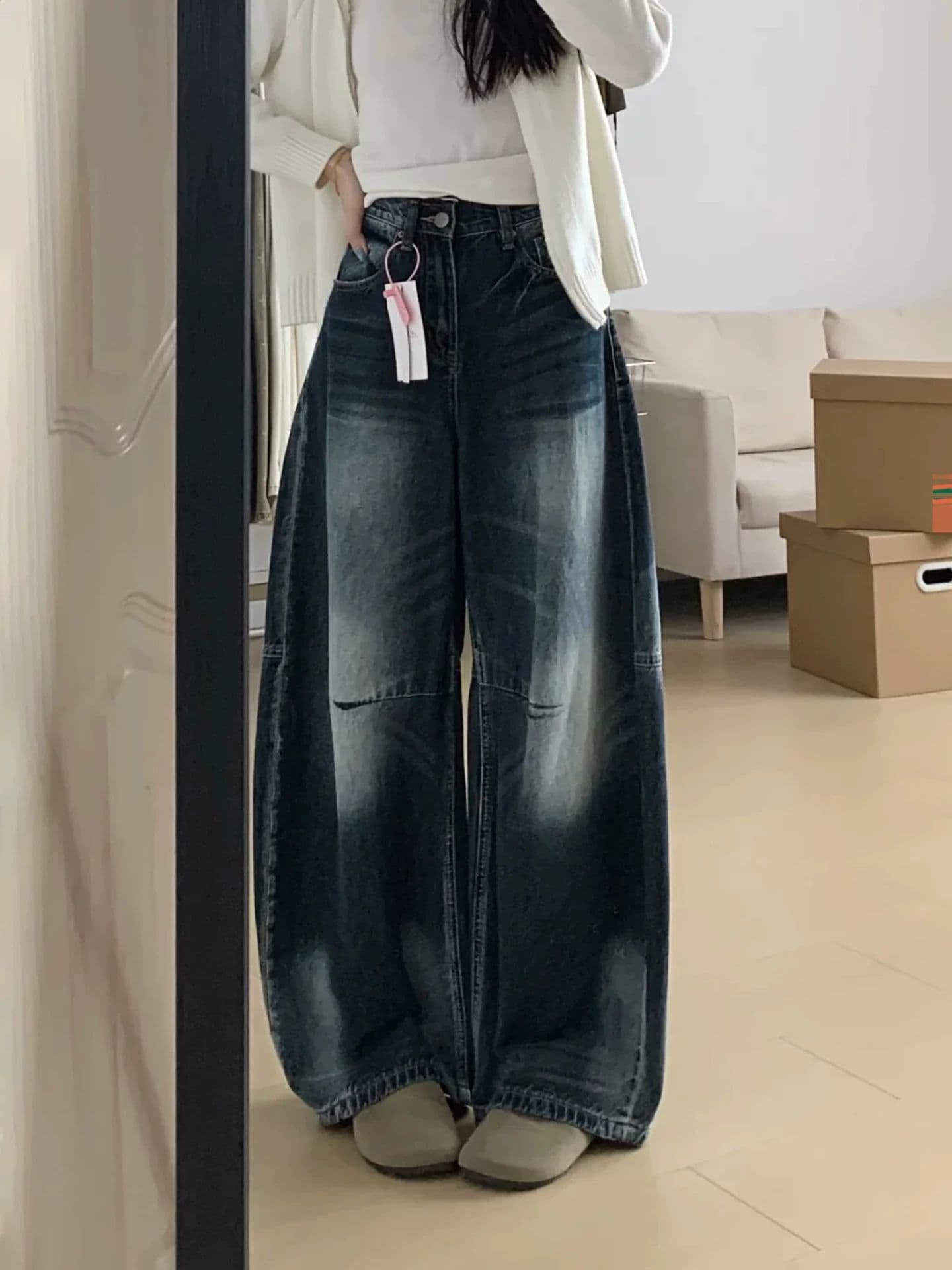 거리 개성 하라주쿠 스타일 넓은 다리 청바지 여성 봄 가을 새로운 ins 트렌디 높음 거리 바닥 청소 청바지 트렌디 상세 이미지 2