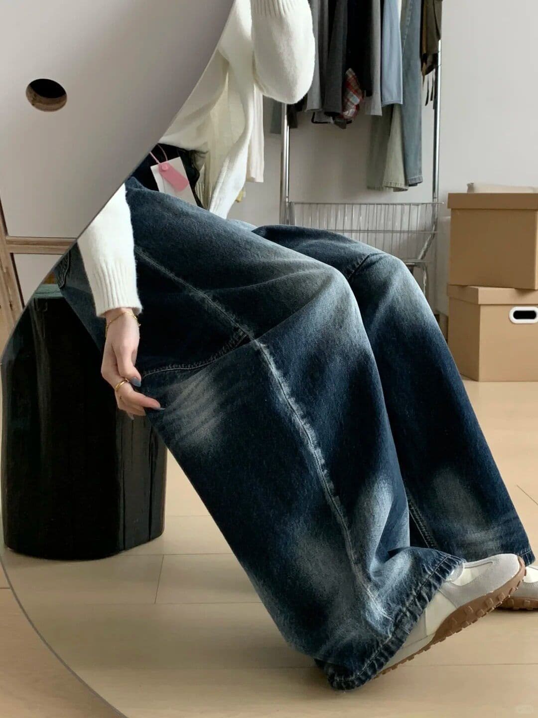 거리 개성 하라주쿠 스타일 넓은 다리 청바지 여성 봄 가을 새로운 ins 트렌디 높음 거리 바닥 청소 청바지 트렌디 상세 이미지 6