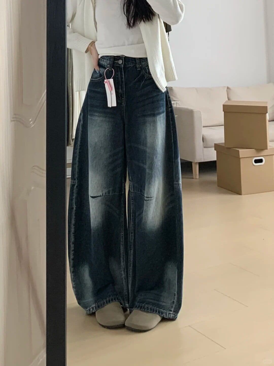 거리 개성 하라주쿠 스타일 넓은 다리 청바지 여성 봄 가을 새로운 ins 트렌디 높음 거리 바닥 청소 청바지 트렌디 상세 이미지 9