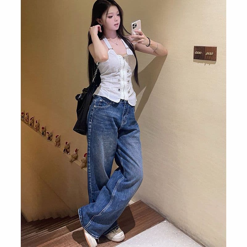 별 알파벳 한국 스타일 ins 패션 자수 청바지 여성 봄과 가을 루즈핏 다용도 개성 바닥 청소 청바지 이미지 2