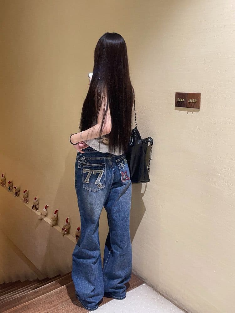 별 알파벳 한국 스타일 ins 패션 자수 청바지 여성 봄과 가을 루즈핏 다용도 개성 바닥 청소 청바지 상세 이미지 2