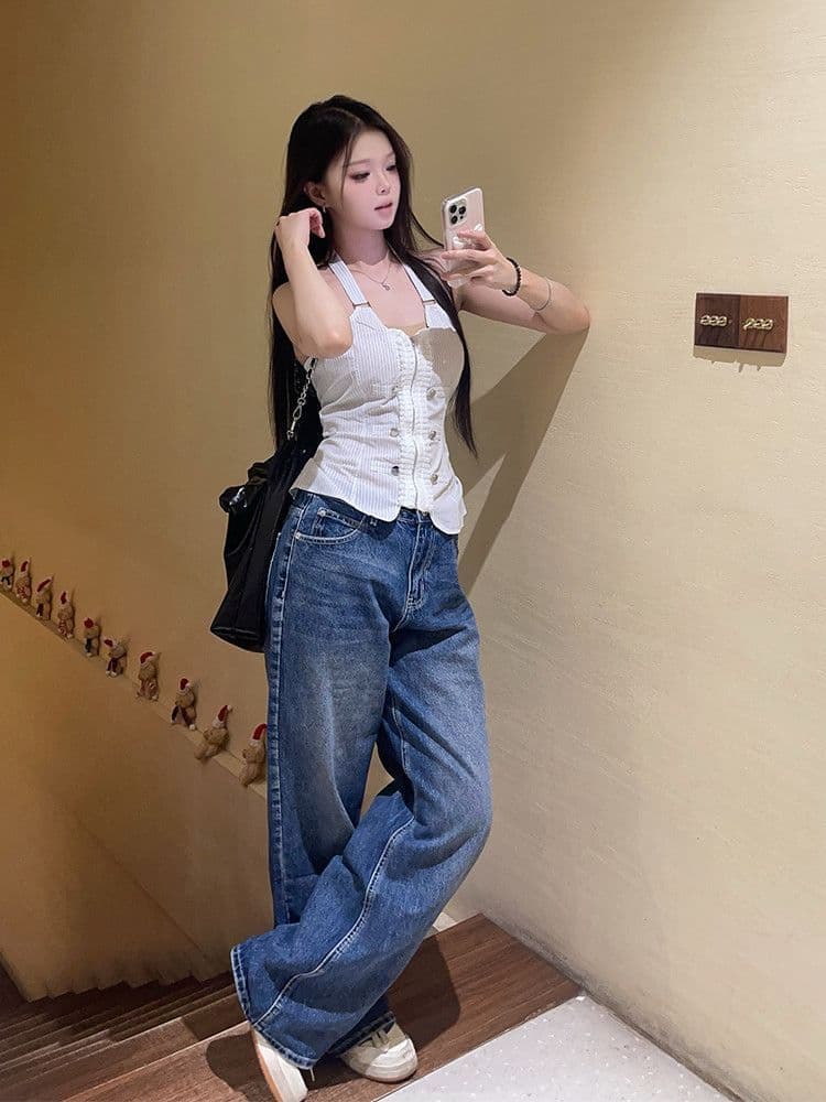 별 알파벳 한국 스타일 ins 패션 자수 청바지 여성 봄과 가을 루즈핏 다용도 개성 바닥 청소 청바지 상세 이미지 4
