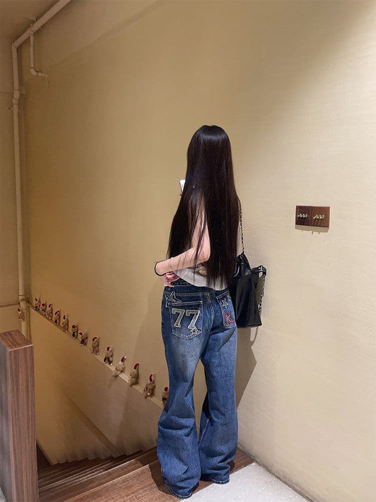 별 알파벳 한국 스타일 ins 패션 자수 청바지 여성 봄과 가을 루즈핏 다용도 개성 바닥 청소 청바지 상세 이미지 6