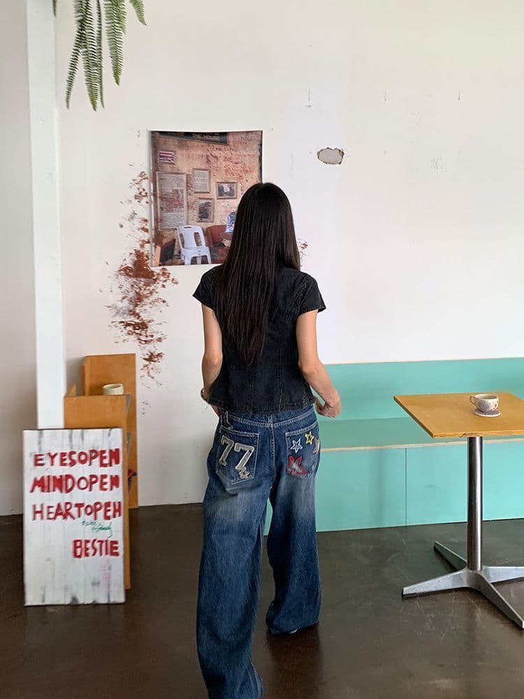 한국 스타일 출퇴근 디자인 센스 다용도 별 스트레이트 청바지 여성 봄 가을 새로운 루즈핏 바닥 청소 청바지 상세 이미지 8