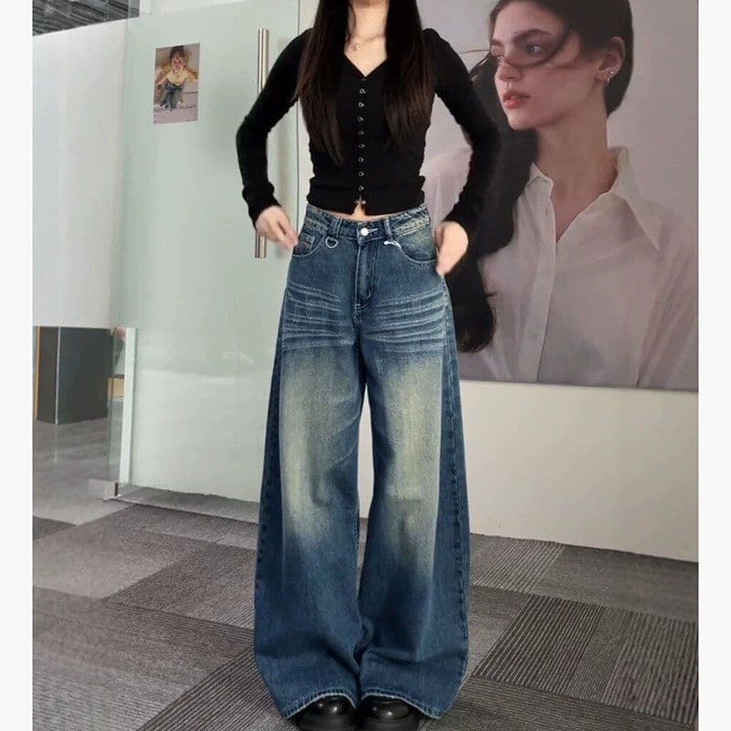하라주쿠 스타일 트렌드 넓은 다리 청바지 여성 봄 가을 새로운 루즈핏 넓은 다리 도루 센스 슬림해 보이는 바닥 청소 데님 바지 이미지 3