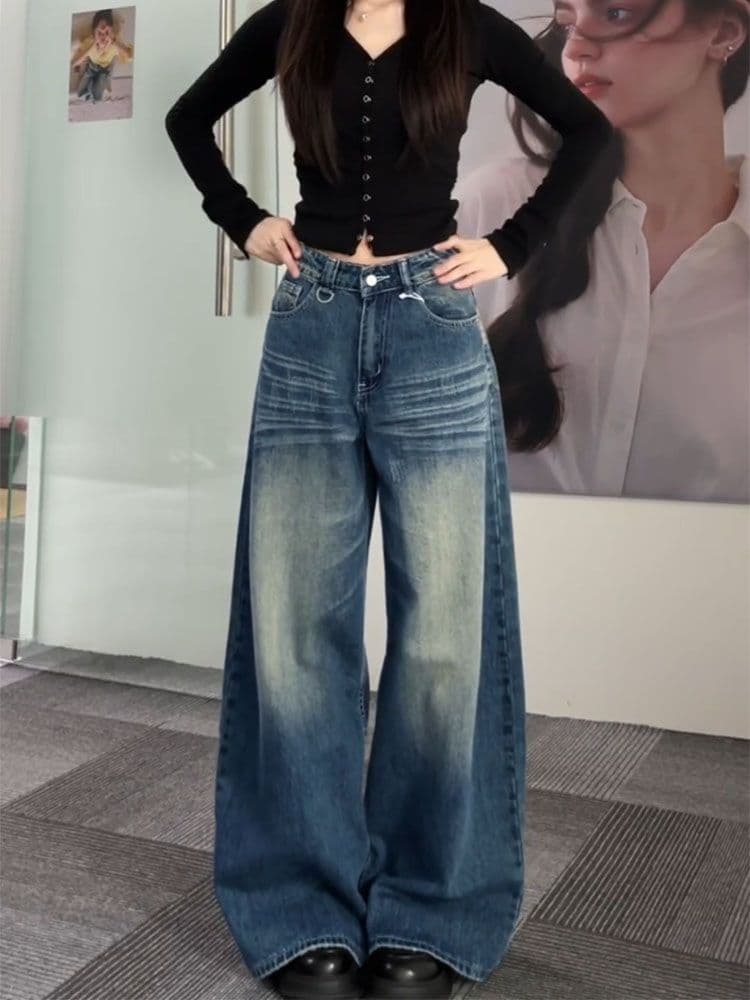 하라주쿠 스타일 트렌드 넓은 다리 청바지 여성 봄 가을 새로운 루즈핏 넓은 다리 도루 센스 슬림해 보이는 바닥 청소 데님 바지 상세 이미지 3