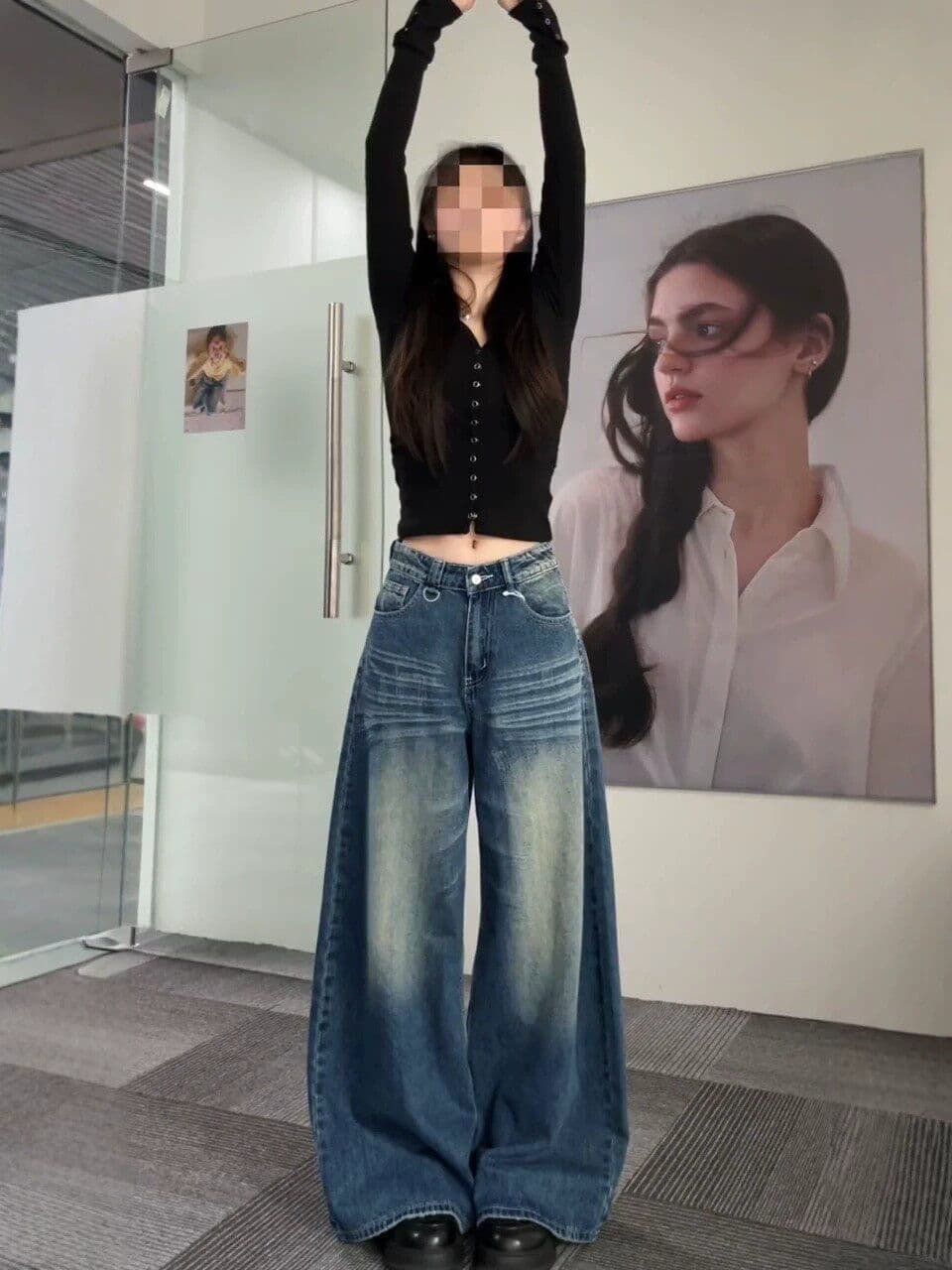하라주쿠 스타일 트렌드 넓은 다리 청바지 여성 봄 가을 새로운 루즈핏 넓은 다리 도루 센스 슬림해 보이는 바닥 청소 데님 바지 상세 이미지 4
