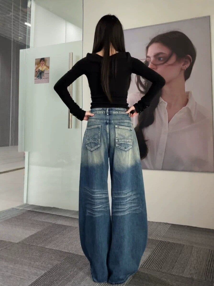 하라주쿠 스타일 트렌드 넓은 다리 청바지 여성 봄 가을 새로운 루즈핏 넓은 다리 도루 센스 슬림해 보이는 바닥 청소 데님 바지 상세 이미지 6