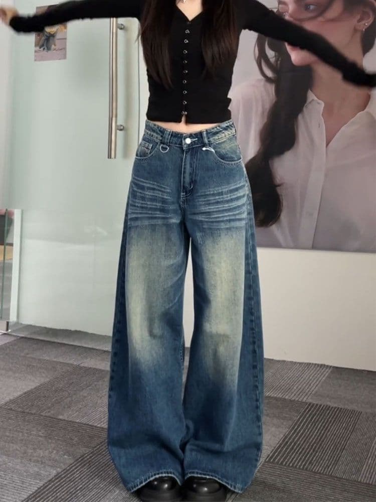 하라주쿠 스타일 트렌드 넓은 다리 청바지 여성 봄 가을 새로운 루즈핏 넓은 다리 도루 센스 슬림해 보이는 바닥 청소 데님 바지 상세 이미지 7
