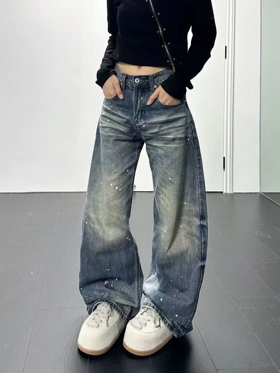 아메리칸 거리 레트로 워싱 먹물 모통이 칼 청바지 여성 봄 가을 루즈핏 넓은 다리 도루 센스 바닥 청소 데님 바지 상세 이미지 2