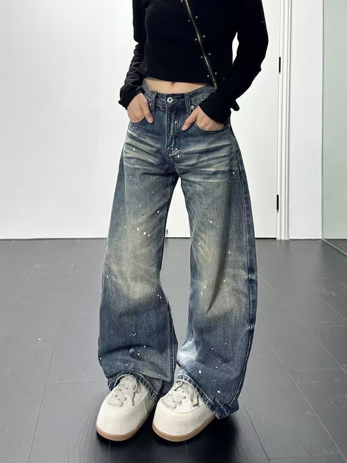 아메리칸 거리 레트로 워싱 먹물 모통이 칼 청바지 여성 봄 가을 루즈핏 넓은 다리 도루 센스 바닥 청소 데님 바지 상세 이미지 3