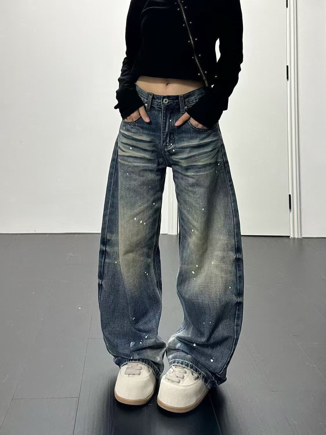 아메리칸 거리 레트로 워싱 먹물 모통이 칼 청바지 여성 봄 가을 루즈핏 넓은 다리 도루 센스 바닥 청소 데님 바지 상세 이미지 4