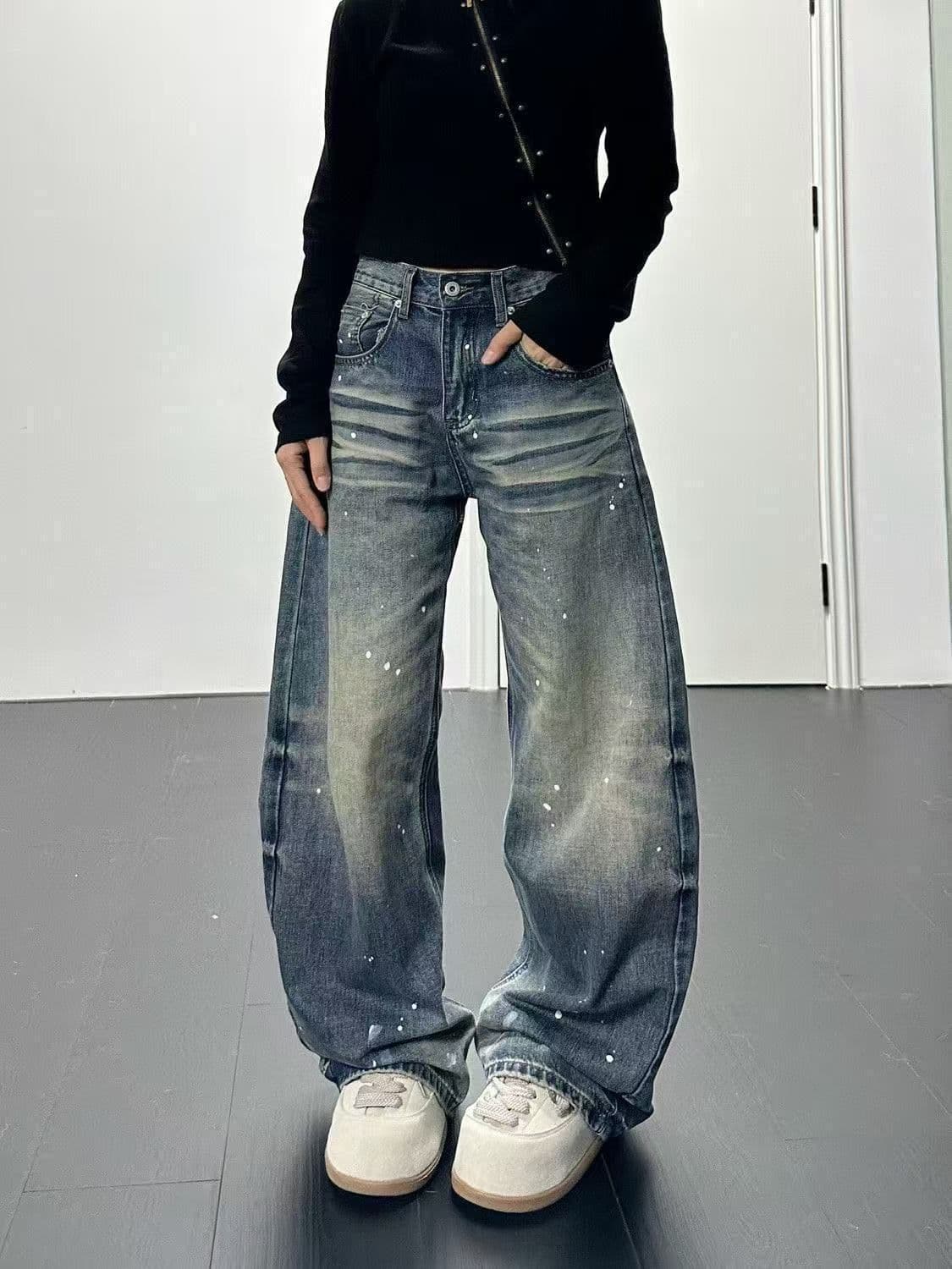 아메리칸 거리 레트로 워싱 먹물 모통이 칼 청바지 여성 봄 가을 루즈핏 넓은 다리 도루 센스 바닥 청소 데님 바지 상세 이미지 5