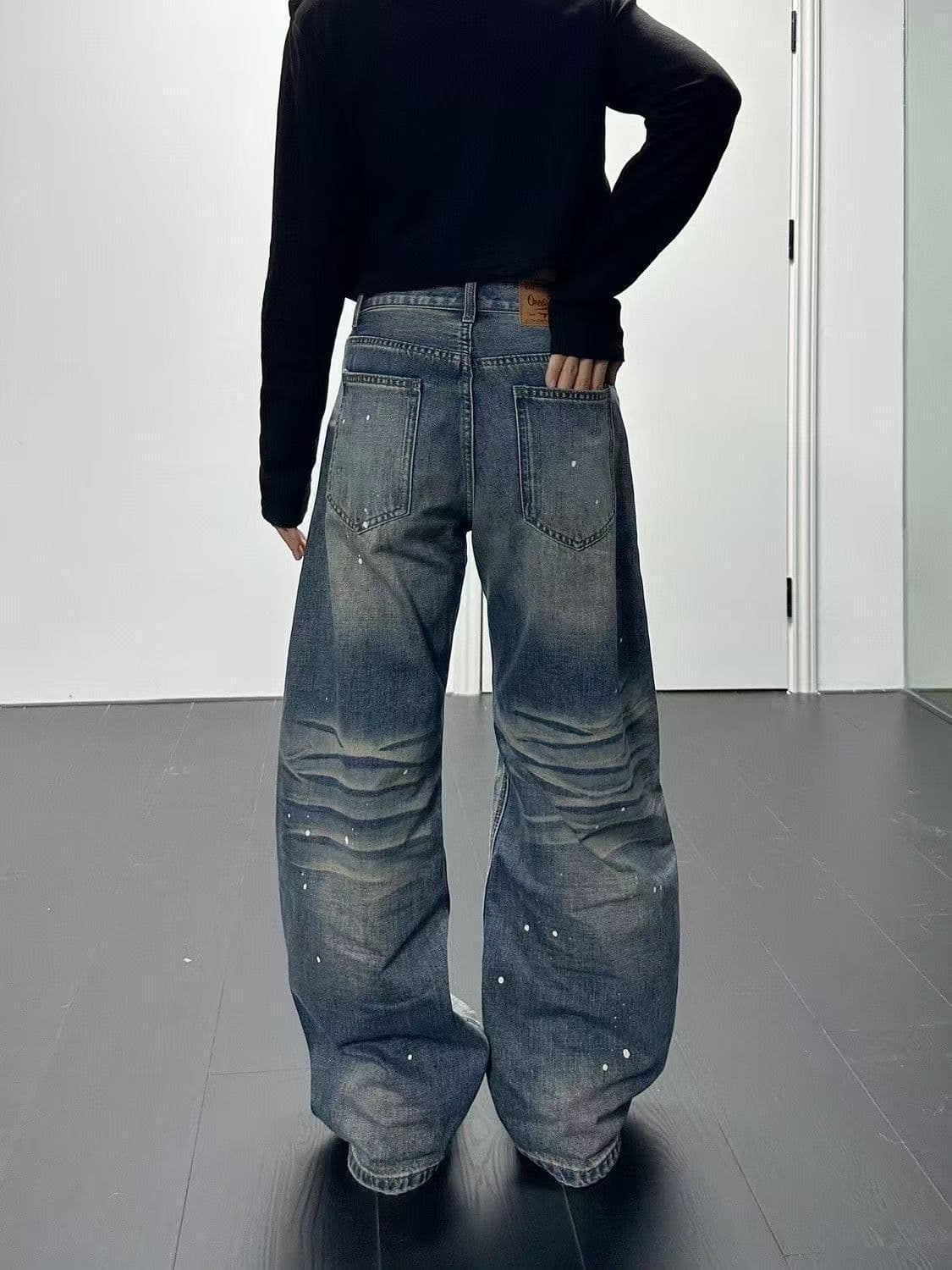 아메리칸 거리 레트로 워싱 먹물 모통이 칼 청바지 여성 봄 가을 루즈핏 넓은 다리 도루 센스 바닥 청소 데님 바지 상세 이미지 7