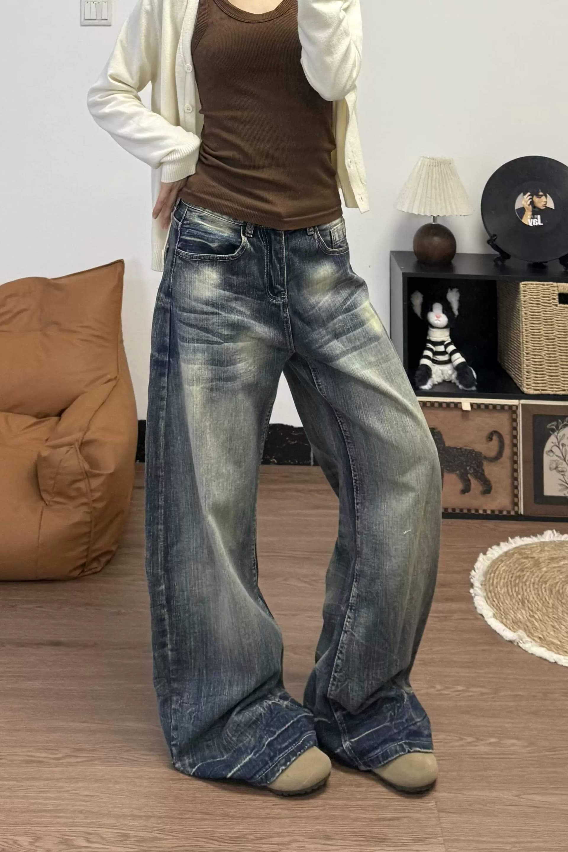 아메리칸 거리 웃음 하 넓은 다리 청바지 여성 봄 가을 루즈핏 디자인 센스 트렌드 다용도 넓은 다리 모통이 칼 청바지 이미지 6