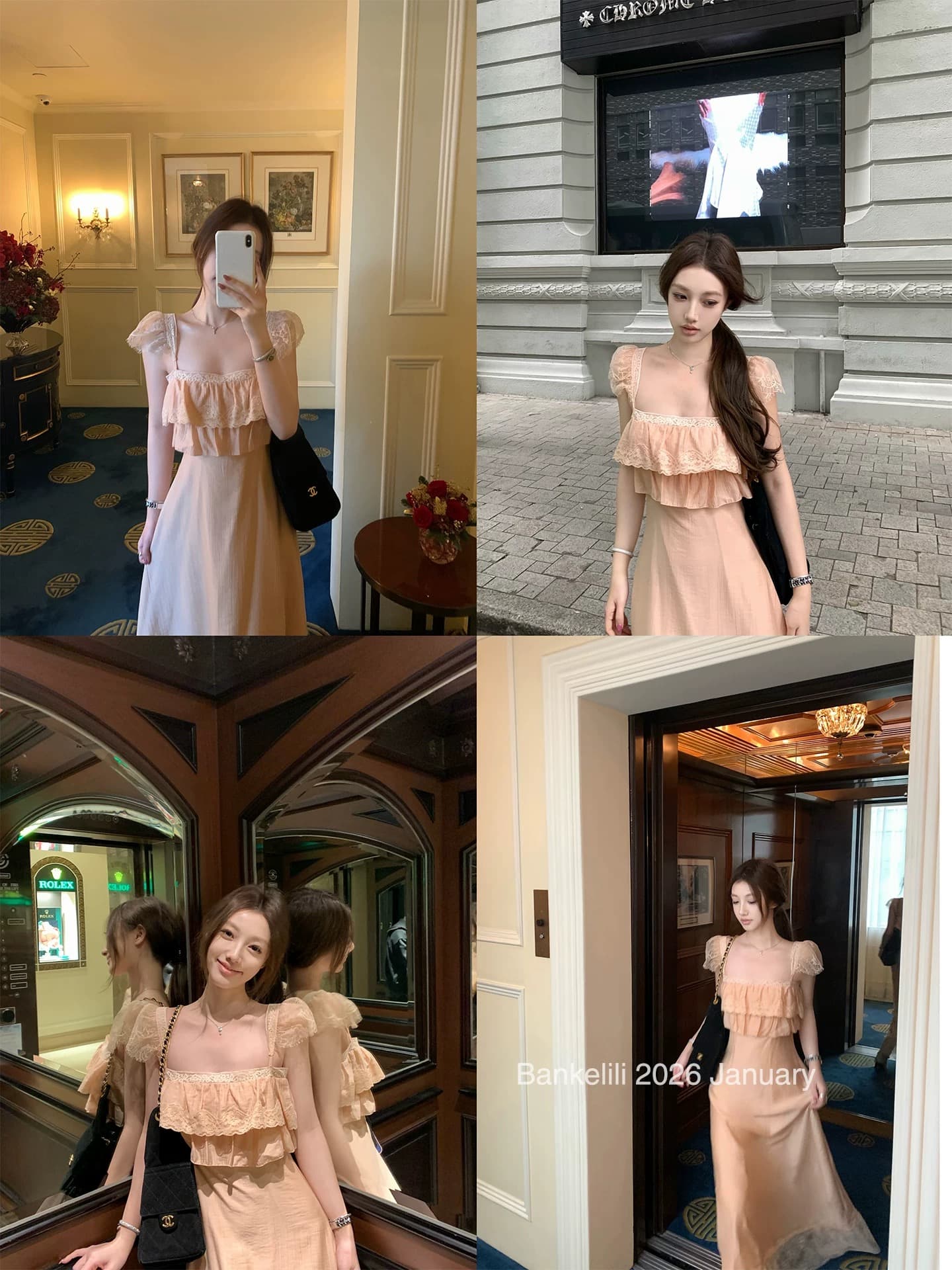 밤나무 코코아 1.6 20 점 an 일몰 롱 스커트 레이스 프랑스식 프릴 한 마디 허리 수축 슬림해 보이는 드레스 상세 이미지 4
