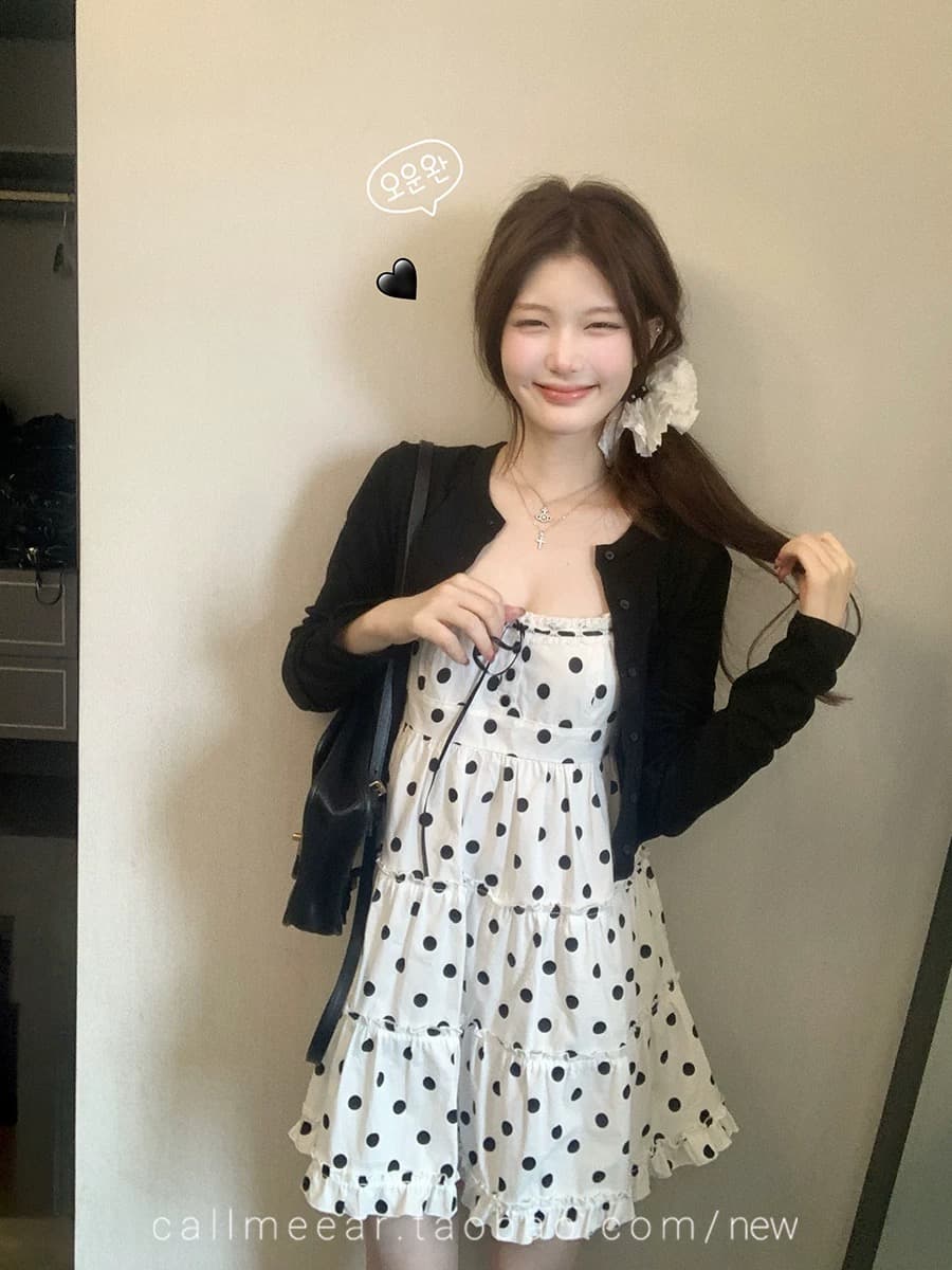callmeear 도트 무늬 드레스 순수한 욕망 프릴 한 마디 슬립 드레스 니트 오픈 가디건 여성 이른 봄 이미지 2