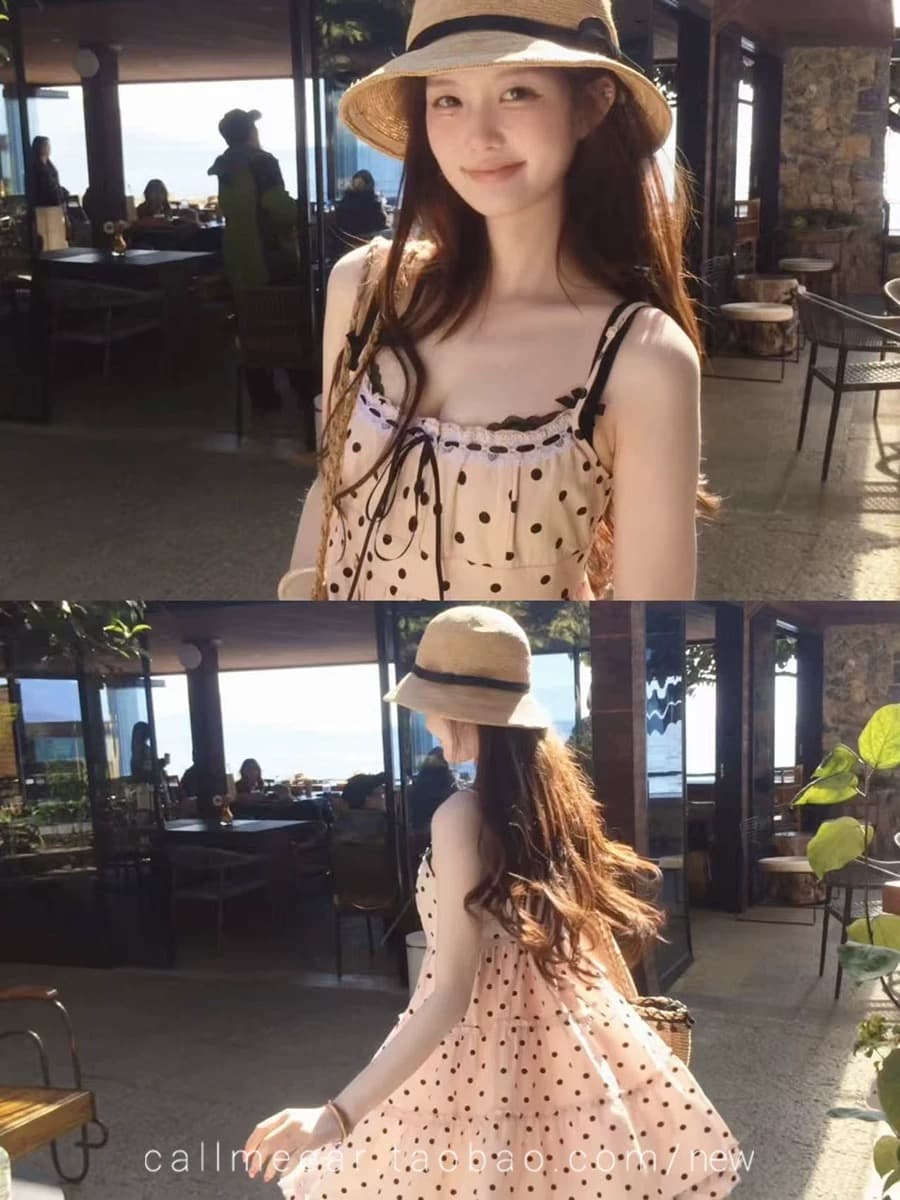 callmeear 도트 무늬 드레스 순수한 욕망 프릴 한 마디 슬립 드레스 니트 오픈 가디건 여성 이른 봄 상세 이미지 6